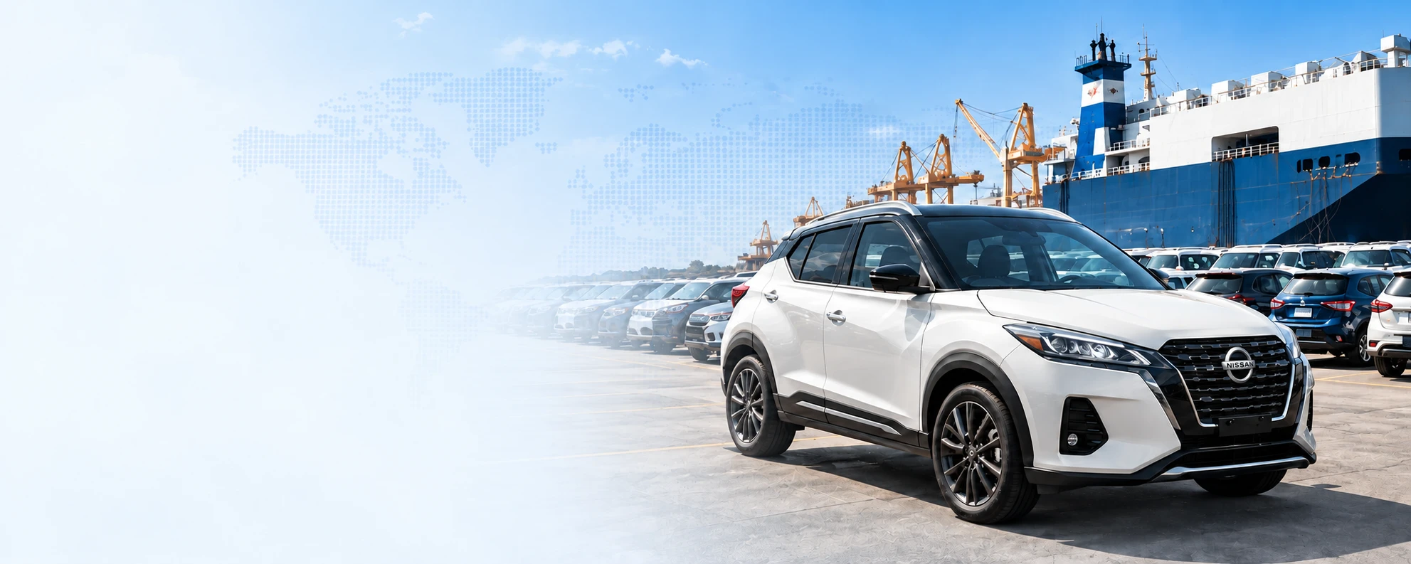 Promotional illustration of a white Nissan SUV at a Japanese export port