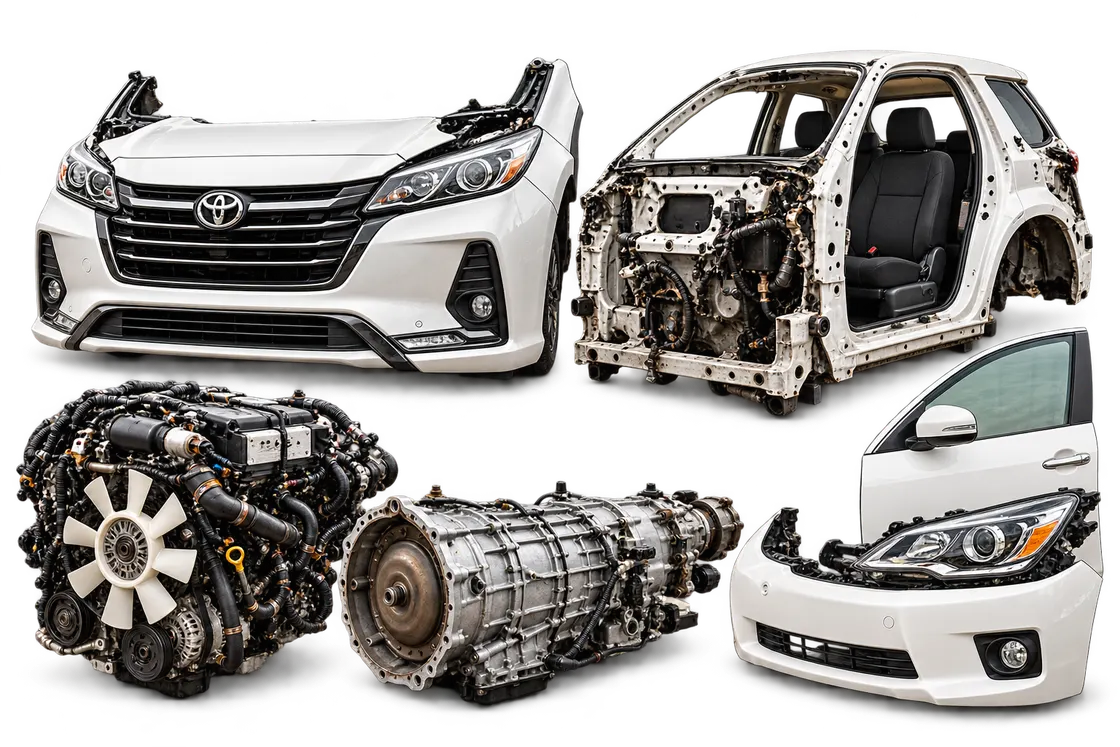 Promotional montage showing a complete nose cut, half cut, engine, gearbox, door, headlight and bumper